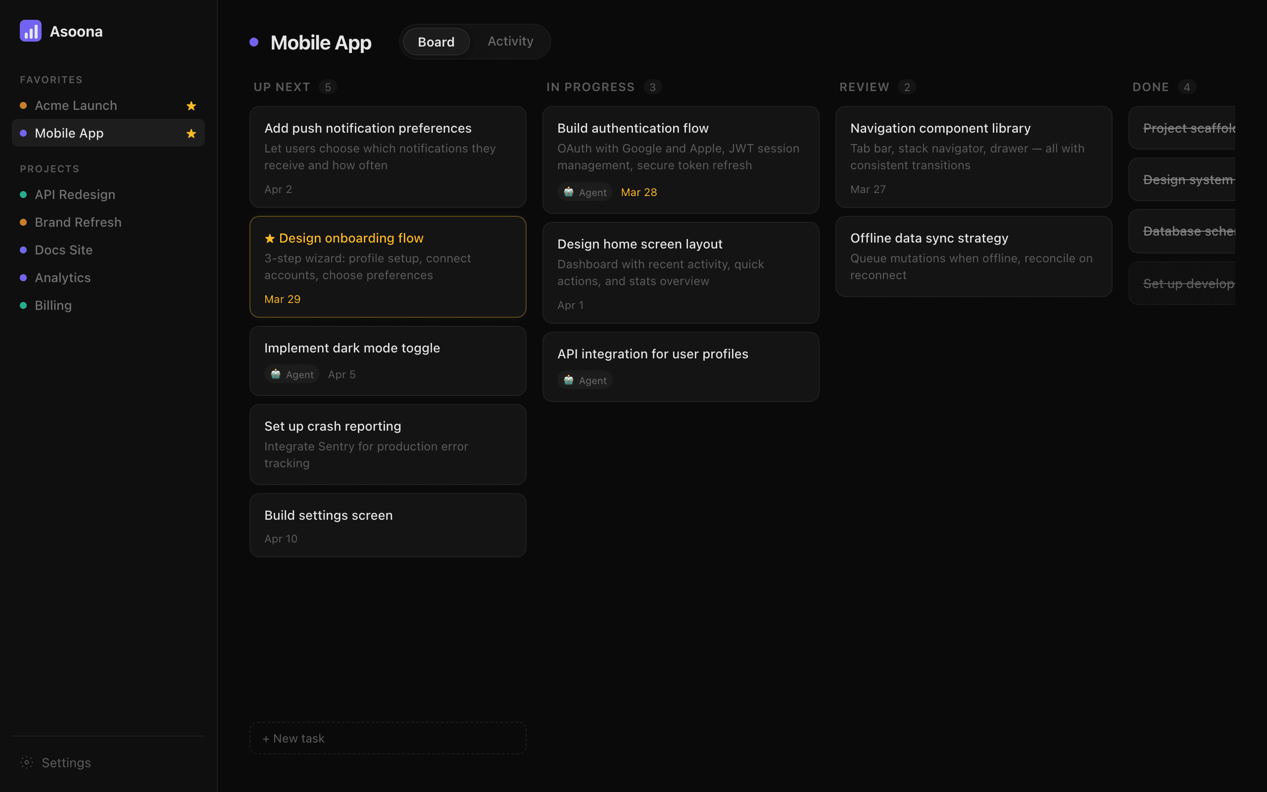 Asoona board with kanban columns, tasks, and sidebar